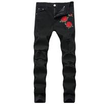 Bonjean patches flor azul e preto masculino, calças jeans bordados rasgadas com buracos tamanho 42 2024 - compre barato