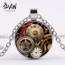 SIAN Vintage Steam Punk Clock Gear Long Necklace Handmade Art Photo Time Gem Pendant Necklace Men Women Jewelry 4 Colors Choose 2024 - buy cheap