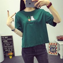 Summer women T shirt women Korean style green cat cactus embroidery Solid color tops tees camiseta feminina short sleeve t-shirt 2024 - buy cheap