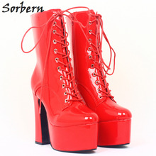 Shiny Red Patent Boots Women Ankle High Platform Shoes Short Fall Boots Women Lace Up Fetish Rubber Sole Size 8 Heeled Booties 2024 - buy cheap