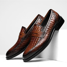 Woven Design Black / Tan Hand Made Loafers Mens Dress Shoes Genuine Leather Wedding Shoes Boys Prom Shoes 2024 - buy cheap