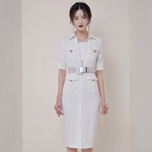 Vestido de talla grande blanco de verano 2019 para mujer con fajas vestido ajustado de tubo Midi con cuello vuelto vestido de oficina para mujer 2024 - compra barato