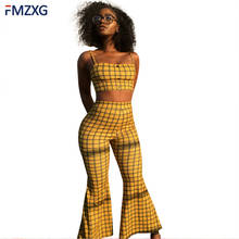 Yellow Plaid 2 Piece Set 2018 Summer Women Flare Long Pants Set Sleeveless Crop Top + Wide Leg Pants Women Clothing Set Outfits 2024 - buy cheap