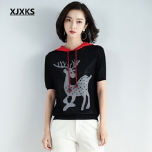 XJXKS Summer New Top Thin Knitting Young Women Tee Shirt Printing Elk Hooded Collar Comfortable Casual Women T-shirt Tops 2024 - buy cheap