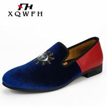 Blue Velvet and Red Leather Matching Men Loafers Handmade Slip On Men Embroidery Dress Shoes Comfortable Men's Smoking Shoes 2022 - buy cheap
