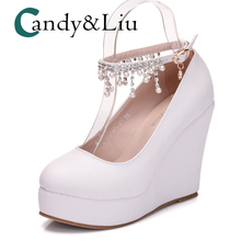 White Wedge Pumps Large Size Round Toe Super High Heel Lady Women Shoes with Platform Ankle Strap for Party Banquet Casual Dress 2024 - buy cheap