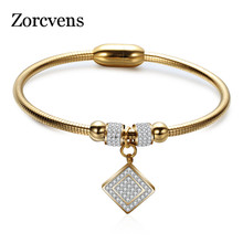 Zorcvens cor do ouro pulseiras de aço inoxidável para mulher zircônia cúbico quadrado pingente charme pulseiras 2024 - compre barato