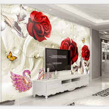 beibehang Wallpaper mural custom home decor living room bedroom 3d stereo abstract red rose swan silk wallpaper background wall 2024 - buy cheap