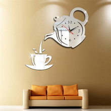 DIY акриловая кофейная чашка чайник Часы настенные зеркальные наклейки эффект 3D настенные часы декоративные гостиная декор дома настенные часы 2024 - купить недорого