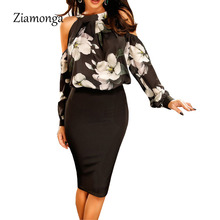 Ziamonga 2018 Casual Floral Printed Office Midi Dress Women Formal Pencil Work Dresses Autumn Long Sleeve Bodycon Party Dresses 2024 - buy cheap