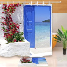 Cortina de ducha con vista al mar para decoración de bañera, juego de alfombrilla de baño, tela impermeable, flor roja, azul, griega 2024 - compra barato
