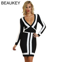 Black And White Deep V Neck Rayon Autumn Winter Long Sleeve Sexy Women Dresses New  2016 Fashion Bodycon  Dress 2024 - buy cheap