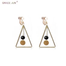 GRACE JUN Copper Material Black Bead Big Triangle Shape Clip on Earrings No Pierced for Women Charm Cushion Earrings Good Gift 2024 - buy cheap
