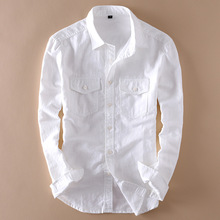 Brand 2021 Mens Long Sleeve Casual Linen Shirt Mens Social Turn-down Collar Slim 2 Pockets Solid White Designer Dress Shirts XXL 2024 - buy cheap