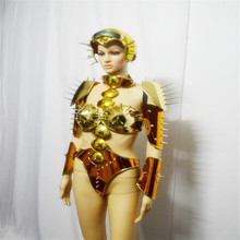 KS78 Festa catwalk show palco trajes de dança executar vestido espelho de ouro rebites armadura roupa modelo espelho dj bodysuit terno robô 2024 - compre barato