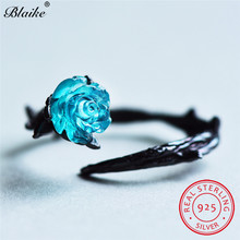 Blaike 925 Sterling Silver Blue Rose Flower Rings For Women Black Tree Leaf Winding Ring Open Wedding Bands Party Fine Jewelry 2024 - buy cheap