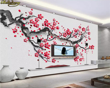 beibehang Custom photo wallpaper mural beautiful hand-painted plum red plum new Chinese TV background wall papers home decor 2024 - buy cheap