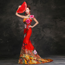 Vestido de noche largo estilo chino para novia, Cheongsam tradicional rojo, bordado, sirena, para boda, Qipao 2024 - compra barato