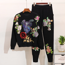 Fashion Spring Autumn New Women clothes 2020 Sequined Embroidery Flower Knitted Sweater + Casual Pants Womens Two Piece Outfits 2024 - buy cheap