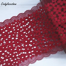 Encaje de adorno elástico hueco de 18cm de ancho, accesorios de ropa DIY, aplicación de encaje para coser, adornos elásticos, tela de encaje rojo vino, 1 yarda 2024 - compra barato