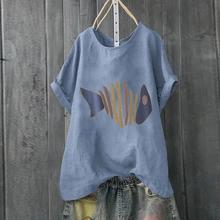 Summer Women Short Sleeve Tops Plus Size Cotton Linen Blouse Fish Bone Print Tops Camisetas Verano Mujer 2019 Drop shipping c 2024 - buy cheap