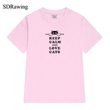 Забавная Женская хлопковая Футболка с принтом «keep calm and love», футболки с рисунком кошки для любителей, хипстерские летние топы Tumblr, Прямая поставка 2024 - купить недорого