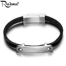 Ruimo pulseira de couro genuíno, pulseira com fecho magnético 17-21cm para homens, em aço inoxidável 316l, folha de metal, pingente de unha 2024 - compre barato
