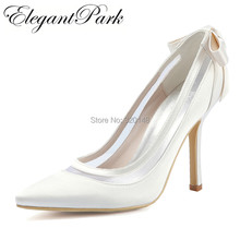 Shoes Woman Bridal Wedding High heel White Ivory Pointed Toe slip on Bows Stain Bride Bridesmaid Prom Party  dress Pumps HC1806 2024 - buy cheap
