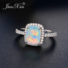 Junxin anel de opala de fogo místico, branco/azul/verde, para mulheres, cor prata, zircônio aaa quadrado, pedra de aniversário, anel de casamento 2024 - compre barato