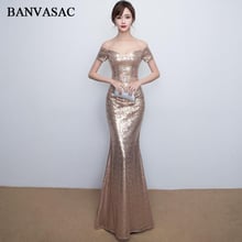 BANVASAC 2018 Sweetheart lentejuelas fuera del hombro sirena vestidos largos de noche de manga corta vestidos de fiesta sin espalda 2024 - compra barato