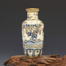 Vaso de cerâmica pequeno decorativo clássico, azul e branco com uvas douradas 2024 - compre barato