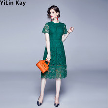 YiLin Kay Green/Pink lace stitching Hollow out summer dress 2019 fashion Runway Elegant lace Hollow-out crocheted long dress 2024 - buy cheap