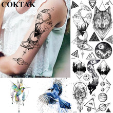 Tatuajes Temporales geométricos de montaña, Luna, triángulo, pegatina de pulsera geométrica, Tribal, Lobo, bosque, tatuajes personalizados, zorro negro 2024 - compra barato