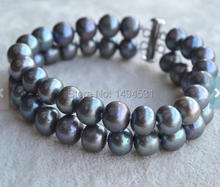 Pulsera de perlas de agua dulce, brazalete de perlas de 7,5-9mm, Color gris oscuro, 2 filas, 8,5 pulgadas, joyería de boda 2024 - compra barato