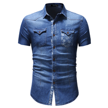 Camisa jeans masculina, camisa de manga curta com bolso estampado de folhas, camisa casual e sólida 2024 - compre barato