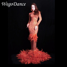 Hot Sale Full Glass Rhinestones Feather Dresses Bar Birthday Celebrate Outfit Women Singer Dancer DS Romper Show Long Dress 2024 - buy cheap