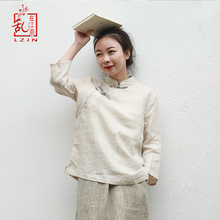 LZJN-camisas de lino de estilo chino para mujer, blusas informales con cuello levantado, Blusa de manga 2019, Qipao, primavera 3/4 2024 - compra barato