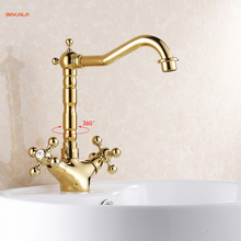 Grifo de baño dorado, mezclador de baño conciso contemporáneo, dorado pulido, lavabo de latón, doble Mango, alto y corto 2024 - compra barato