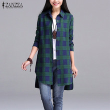 ZANZEA Women 2016 Autumn Vintage Plaid Shirts Lapel Long Sleeve Split Asymmetrical Hem Long Blouses Tops Loose Casual Blusas 2024 - buy cheap