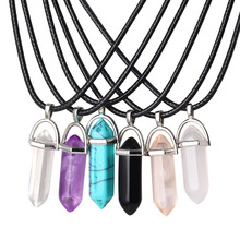 Cute Girls Hexagonal Column Stone Necklaces Women Natural Stone Crystal Pendant Leather Chain Necklace Female Jewelry Party Gift 2024 - buy cheap