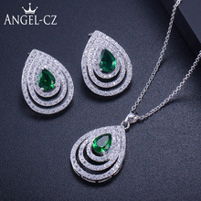 ANGELCZ Green Crystal Classic Hollow Out Dangle Water Drop Shining Women CZ Earrings And Necklace Silver Color Jewelry Set AJ122 2024 - buy cheap