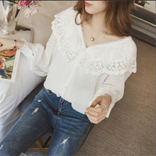 2019 Spring Women White Lace Blouse Tops Casual V-Neck Ruffles Chiffon Blouses Ladies Hollow Out Long Sleeve Shirts Blusas A1337 2024 - buy cheap