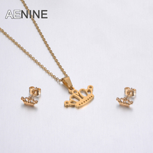 AENINE Trendy Stainless Steel Sets For Women Cartoon Crown Shape Necklace Earrings For Women Lover's Engagement Jewelry 2024 - buy cheap