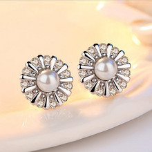 Cute Pearl Flower Female Stud Earrings Accessories Top Quality Clear Crystal Silver Plated Earrings For Girl Bijou 2024 - buy cheap