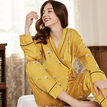 Primavera impressão padrão feminino conjunto de pijama de algodão quimono com decote em v mulher sleepwear manga longa calças dois terno de papel femme homewear 2024 - compre barato