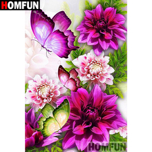 HOMFUN-pintura de diamante 5D DIY "mariposa y flores", cuadrados o redondos de imitación bordado de diamantes, regalo de punto de Cruz, decoración del hogar, A07744 2024 - compra barato