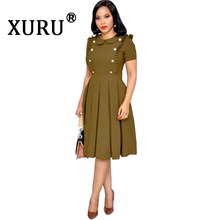 XURU New Women's Dress Lotus Leaf Collar Short Sleeve Dress Pleated Red Black Blue Army Green Dress 2024 - buy cheap