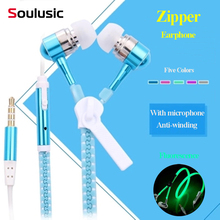 Soulusic Full Glowing Earphone Luminous Light Metal Zipper EarPhones With Microphone Glow In The Dark For Iphone HUAWEI 2024 - buy cheap