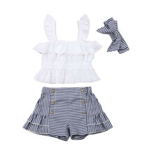 Conjunto de 3 uds. De camiseta + pantalón corto a rayas + diadema para bebé, moda para niño y niña pequeña, tirantes blancos 2024 - compra barato