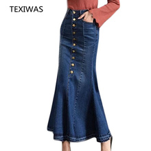 TEXIWAS Fashion Retro Curvy Cowboy Fishtail Skirt Women Slim Package Hip Ruffle Long Skirt Stretch Plus Size 9XL Jeans Skirts 2024 - buy cheap